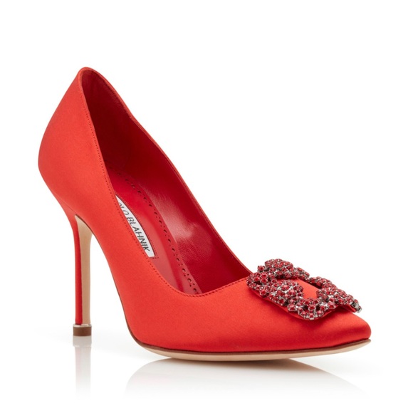 Manolo Blahnik Shoes - Manolo Blahnik Hangisi Red Satin Jewel Buckle Pumps